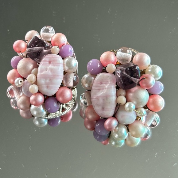 Pink & Purple Beaded Stone Clip-on Earrings made from Japan - Picture 3 of 12